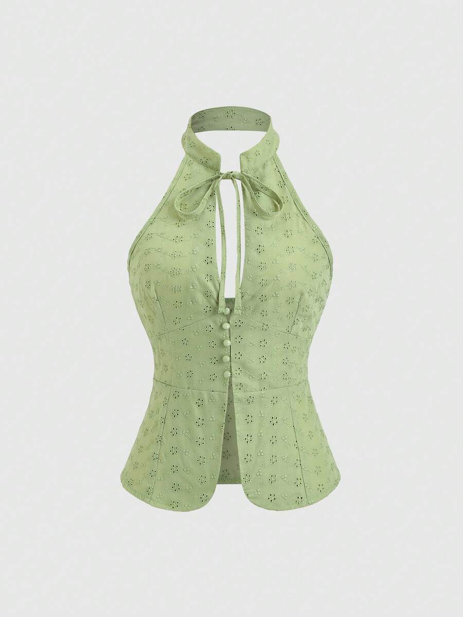 Sweetra Y2K Sexy & Elegant Embroidered Backless Halter Vacation Blouse - Green - View 1