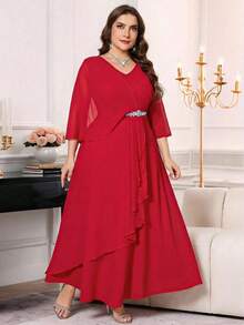 Reflora 大码女式V领腰部水钻装饰荷叶边下摆优雅收腰派对连衣裙 - 紅色 - 查看 9