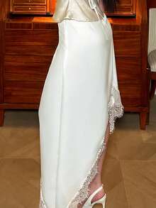 hhfernanda 女士优雅刺绣撞色蕾丝不对称半身裙，春夏款 - 杏色 - 查看 5