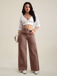 SHEIN Tall Women's Elastic Waist Casual Versatile Daily Wear Wide Leg Jeans - Brown - View 1
