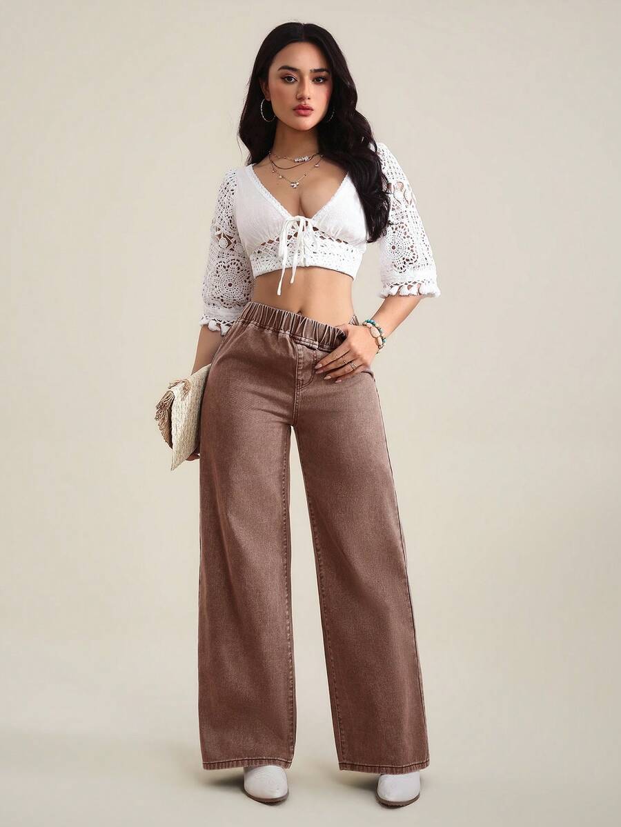 SHEIN Tall Women's Elastic Waist Casual Versatile Daily Wear Wide Leg Jeans - Brown - View 1