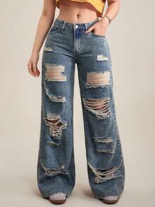 SHEIN Tall Women's Pocket Button Distressed Casual Versatile Daily Wear Wide Leg Jeans - Blue - View 1