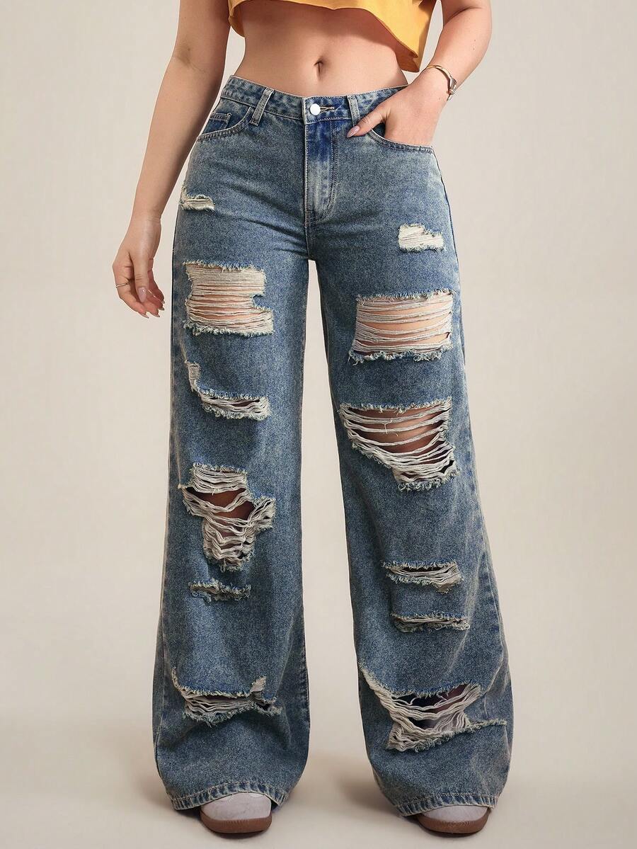 SHEIN Tall Women's Pocket Button Distressed Casual Versatile Daily Wear Wide Leg Jeans - Blue - View 1
