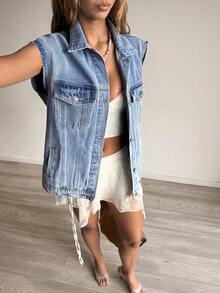 Sunnyshic 女士单排扣休闲百搭牛仔背心 - 淺色水洗藍 - 查看 6