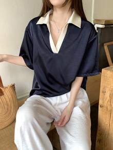 DAZY 女士翻领撞色短袖衬衫 夏季 - 藍色 - 查看 4