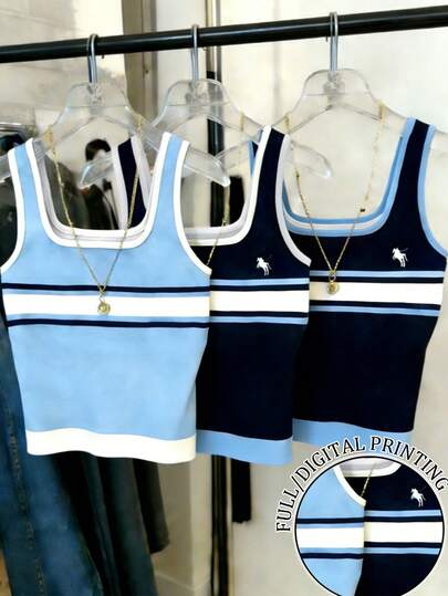 Resyla 3pcs/Set Blue & Black Striped Fitted Tank Top Combo For Women