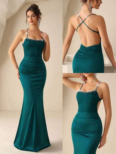 Coutiva 女士纯色水钻装饰美人鱼优雅腰身婚纱伴娘礼服