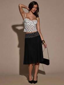 SHEIN BAE Polka Dot Print Sheer Lace Patchwork Camisole - White - View 4