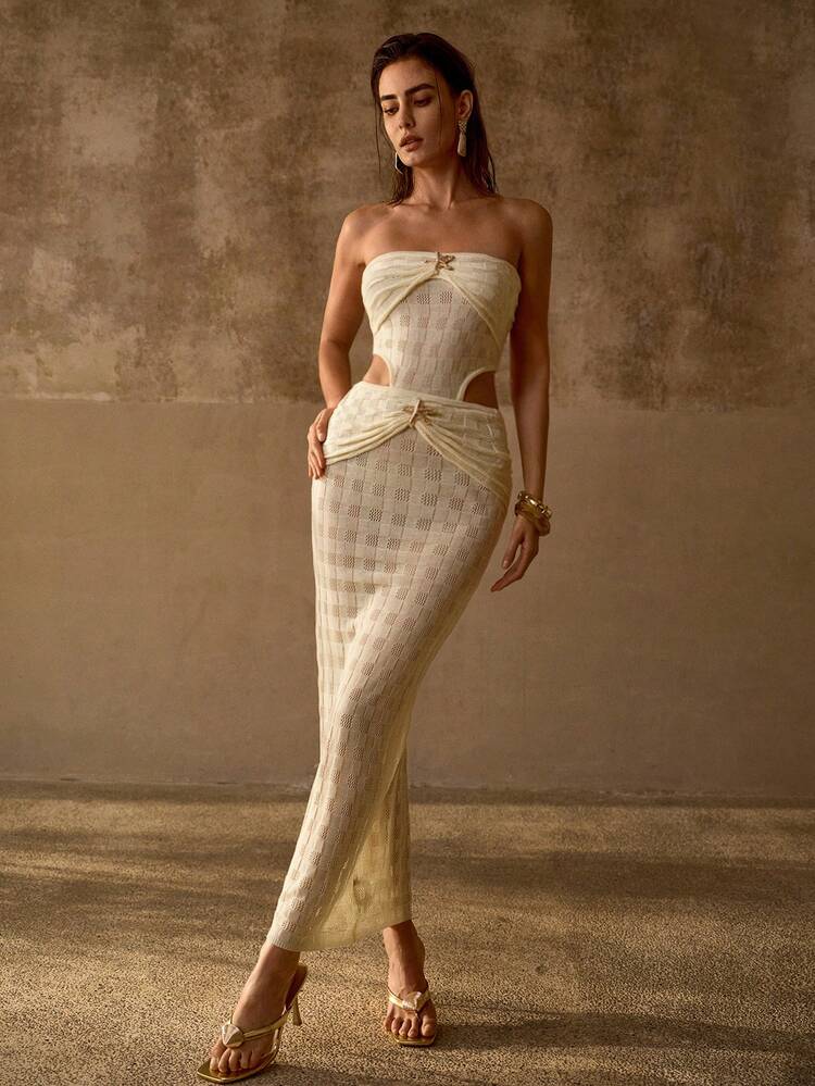 SOLID POINTELLE KNIT METAL STARFISH DETAIL CUTOUT WAIST COVER UP TUBE DRESS