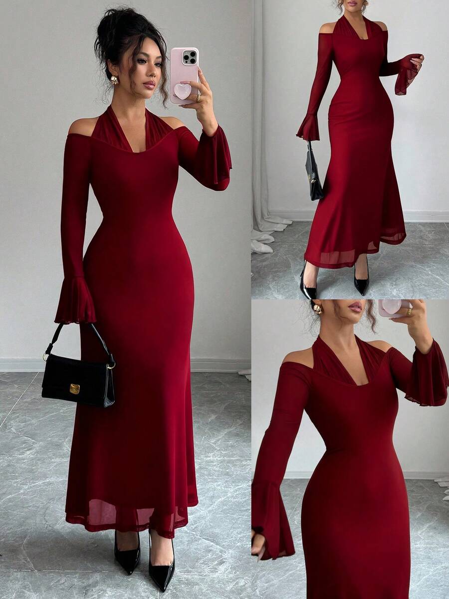 Elenzga Women's Elegant Halter Neck Patchwork Flare Sleeve Long Sleeve Dress, Autumn - Burgundy - View 1