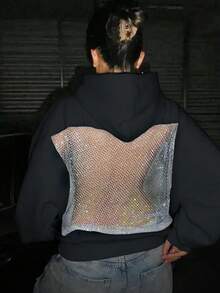 INAWLY Sudadera casual y sexy con espalda descubierta y malla para mujer - Negro - Ver 8