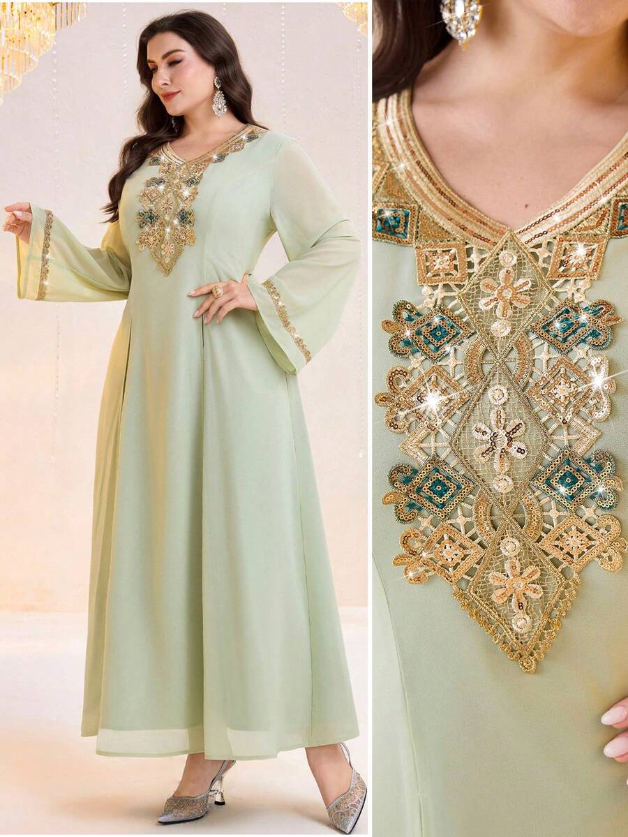 Al Najma Vestido largo de manga larga elegante con bordado y parches de lentejuelas para mujer de talla grande - verde menta - Ver 1