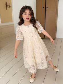 DAZY Young Girl Round Neck Lace Fashionable Chic Party Dress - Apricot - View 6