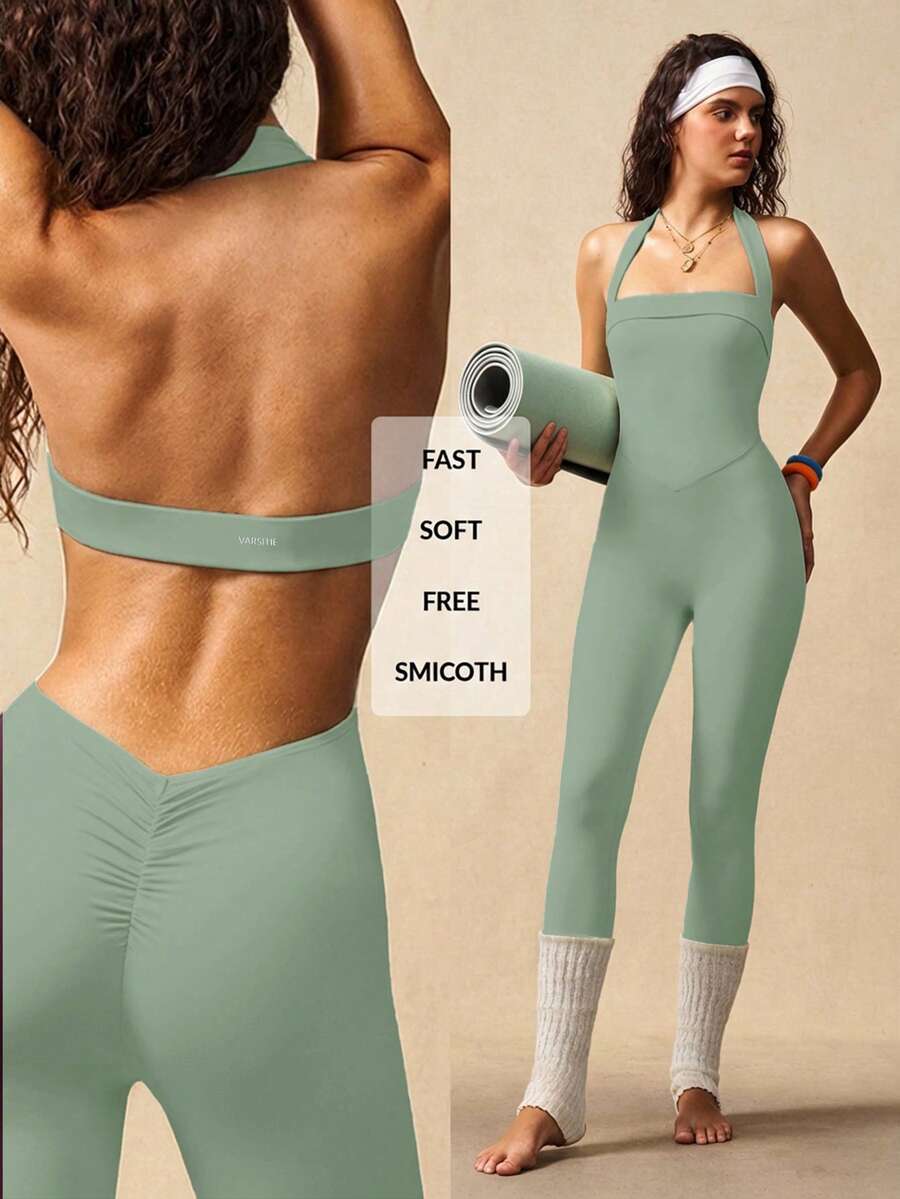VARSIVA Women's Sexy Minimalist Solid Color Backless Halter Jumpsuit - Mint Green - View 1
