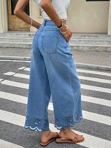 Serisse 女士口袋纽扣休闲百搭日常穿着阔腿牛仔裤 - 藍色 - 查看 2