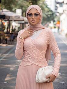 Calvaya Đầm xếp ly chéo màu trơn cổ chữ V trang trí nút bấm thanh lịch dành cho nữ - Hồng - Xem 3