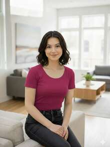 PLAYERA BASICA PARA MUJER. CAMISETA DE LICRA PARA DAMA - Rosa Fucsia - Ver 2