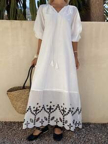 DAZY Đầm dài dáng rộng phong cách Bohemian cổ tròn tay lỡ 3/4 họa tiết hoa phối màu dành cho nữ. - trắng - Xem 4