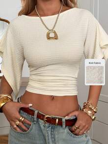 SHEIN EZwear Áo thun ngắn tay cánh dơi màu mơ dành cho nữ - Màu be - Xem 7