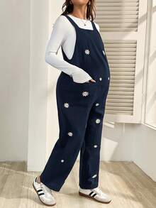 SHEIN Maternity Casual Commuter Daisy Embroidered Jumpsuit - Royal Blue - View 8
