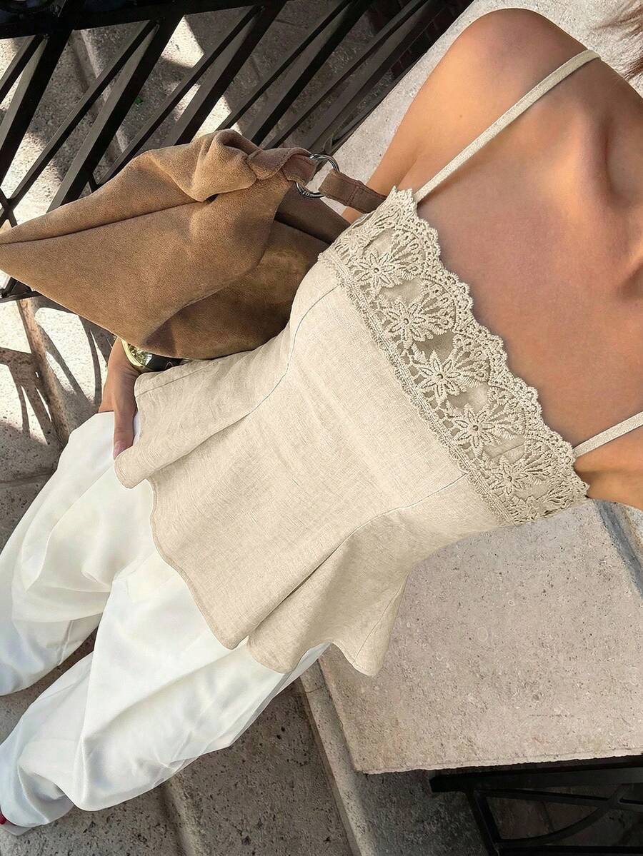Siren Gaze 2026 新款女士蕾丝边吊带背心，简约性感短款无肩带蕾丝边上衣，蕾丝边领口上衣，女士方领吊带背心，钩针编织上衣，女士蕾丝上衣，夏季休闲杏色女士纯色极简休闲吊带背心，奶油色蕾丝吊带背心，细肩带蕾丝边荷叶边上衣，夏季法式衬衫，优雅高贵女士上衣和衬衫，夏季女士上衣 - 杏色 - 查看 1
