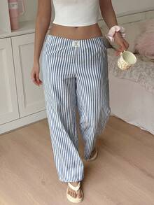 CovetEZ Women's Letter Printed Striped Wide Leg Loose Pants - Blue - View 5