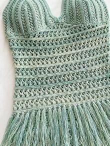 Soleia Women's Retro Fringe Hem V-Neck Halter Mini Dress, Suitable For Cruise, Holiday, Date, Afternoon Tea, Party - Green - View 4