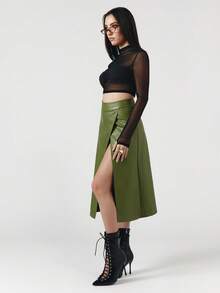 OverBlushhh Falda midi de mujer de cintura alta con vuelo, abertura cruzada lateral, efecto piel de cocodrilo de cuero sintético verde, elegante y chic, para trabajo, oficina, fiesta, primavera - Verde - Ver 5