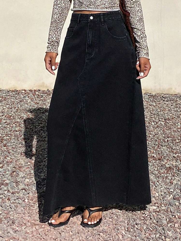 Women's Casual Washed Extra Long Denim Skirt