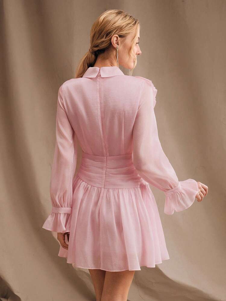 Women's Elegant Short Ruched Rhinestone Embellished Long Sleeve Party Dress, Suitable For Music Festivals