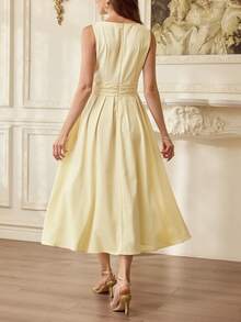 Vintamour Đầm nữ cổ điển thanh lịch, đầm xòe ôm sát cổ thuyền thêu họa tiết, màu vàng nhạt không tay, thích hợp cho mùa xuân/hè. - Màu vàng ngỗng - Xem 2