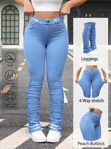 Flexra Women's Pocket Pleated Skinny Casual Versatile Jeans - Blue - View 1