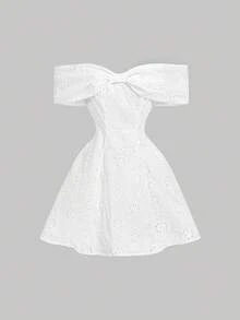 SHEIN MOD Women's Off-Shoulder Bowknot Eyelet Embroidery Off-Shoulder Mini Dress,Summer Dresses For Women - White - View 1