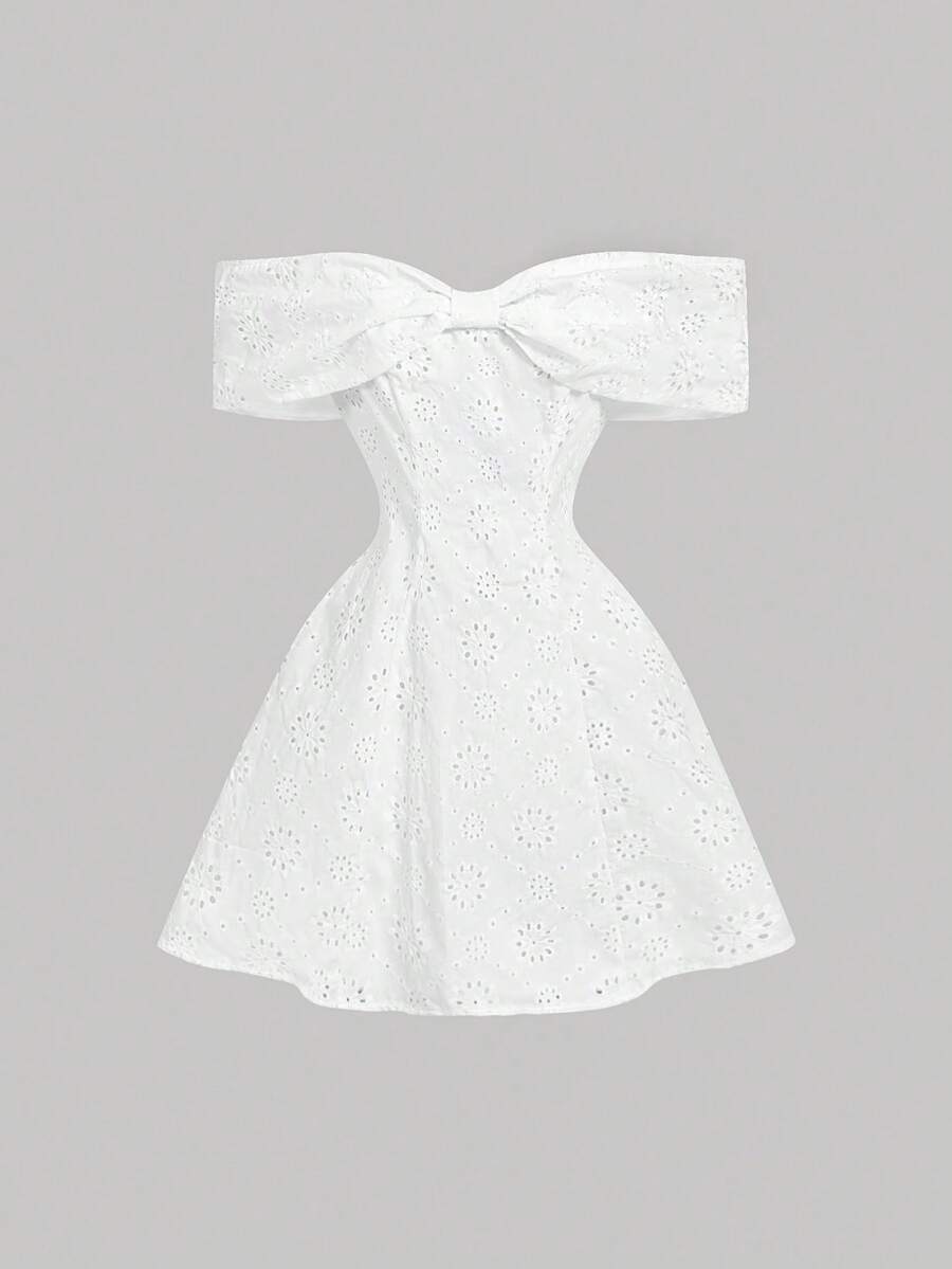 SHEIN MOD Women's Off-Shoulder Bowknot Eyelet Embroidery Off-Shoulder Mini Dress,Summer Dresses For Women - White - View 1