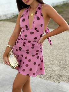 Cévolie Women's Deep V-Neck Sexy Halter Polka Dot Mini Dress, Vacation Style - Pink - View 3