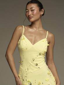 COSMINA 亮片女士长裙，3D立体花卉奢华连衣裙，女士派对礼服，晚礼服，鸡尾酒会礼服，宴会礼服，婚礼宾客礼服，婚纱，约会礼服，假日礼服，黄色女士连衣裙 - 黃色 - 查看 2