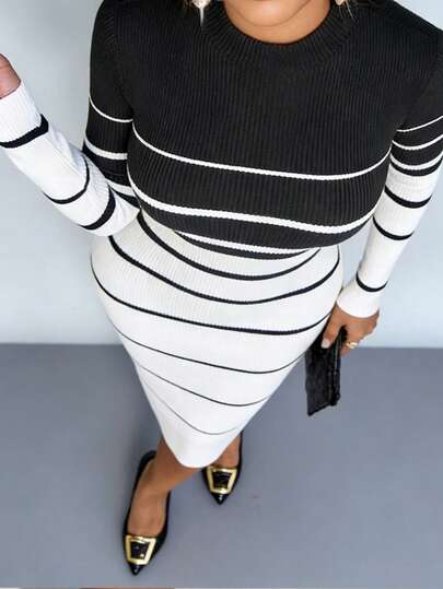 SOLERSUN 女士秋季时尚长袖条纹极简针织中长连衣裙，圆领修身毛衣裙，女士秋季连衣裙，适合日常休闲、约会、派对等场合