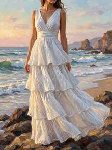 Ellevyn 女士V领收腰豹纹层叠无袖连衣裙，优雅日常穿着，春夏秋季皆宜 - 白色 - 查看 3