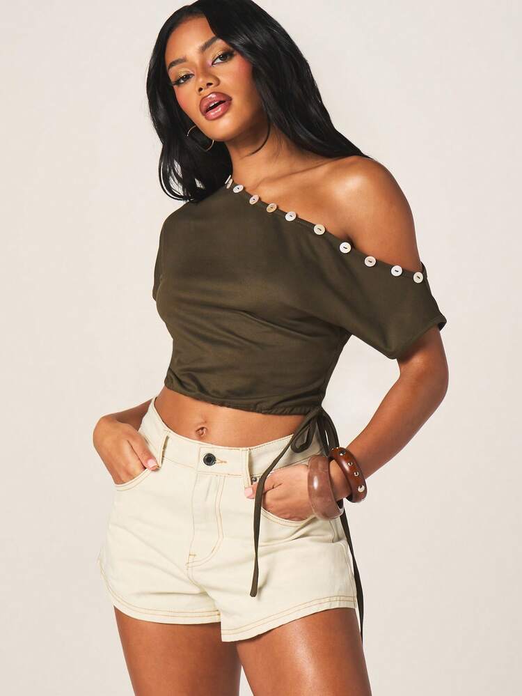 MISSGUIDED Women's Off-Shoulder Button Detail Cropped Short Sleeve Olive Green Tie Front Top