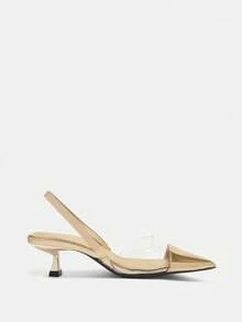 Women's Color Block Pointed Toe Backless Shoes, Minimalistic Style All-Match Shoes For Daily & Outdoor Wear, Suitable For Spring & Summer, Champagne-Colored High Heels, Elegant, Kitten Heels, Party Spring Shoes Summer Shoes - Champagne - View 9