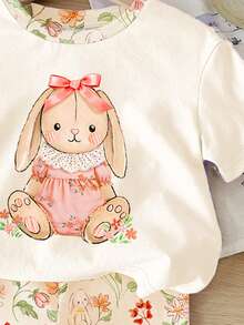 SHEIN LMoss Kids 奶油白，超可爱甜美3D蝴蝶结，蕾丝裙兔子插画图案，春夏波西米亚风印花休闲宽松圆领短袖T恤搭配紧身骑行短裤，适合春夏日常、居家、度假、节日、复活节、农场、户外、野餐等场合。 - 彩色 - 查看 6