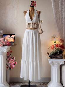 Elenzga Bộ đồ 2 mảnh dành cho nữ: Áo croptop cổ yếm tua rua buộc dây phía sau và chân váy xếp tầng cạp chun, trang phục đi biển màu trắng thanh lịch, thoải mái cho mùa hè. - Màu be - Xem 3