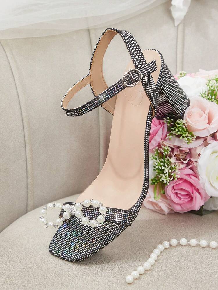 CUCCOO HITCHD Women Shoes Classic Fashion Women's Thick Heel High Heel Sandals Shiny Rhinestone Pearl Bow Decoration Buckle Belt Elegant Women's Shoes Wedding Shoes Spring Shoes Bride Shoes