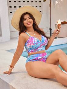 Swim Vcay Plus Size Women Summer Beach All-Over Print Fashionable Bikini Swimwear Set - Multicolor - View 5