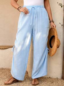 Breezaya Plus Size Women Elastic Waist Loose Straight Leg Long Pants - Baby Blue - View 4