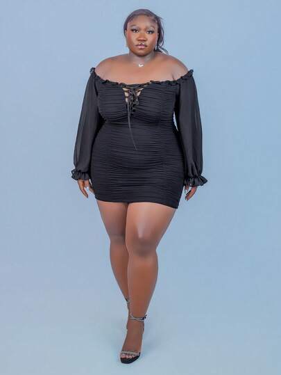 CurvyTilda 加大码黑色 Y2K 性感灯笼袖露肩褶饰连衣裙，节日装扮，夏季度假风，波西米亚风连衣裙
