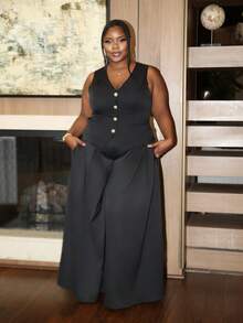 Hourglow 大码女装夏秋季秋季女装新款时尚休闲优雅通勤工作返校服装复古风格教师服装商务女装 7 月 4 日服装休闲女装白色背心套装，黑色 - 黑色 - 查看 1