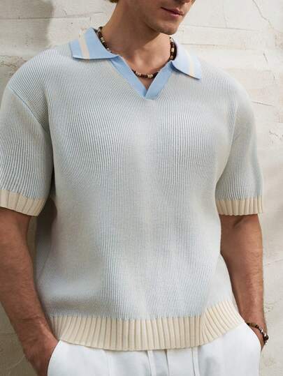 Airaco Summer Celebration Old Money Style Light Blue Ombre Knit Polo Shirt, Comfortable Beach Vacation Outfit For Men