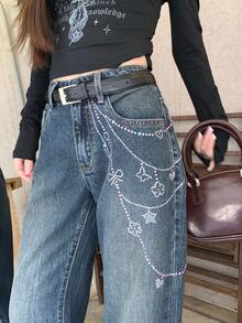 DAZY 女士低腰水钻喇叭牛仔裤，优雅休闲牛仔裤 - 深色水洗藍 - 查看 6