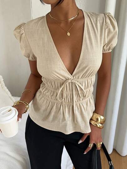 Siren Gaze Women's Summer Casual Solid Color Petal Sleeve Deep V-Neck Blouse